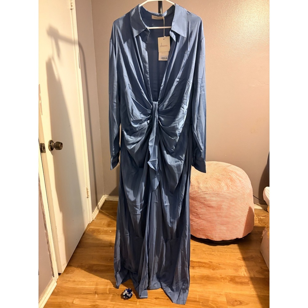 Choosy Slate Blue One Piece Jumpsuit Deep‎ V-Neck Wide Leg Pockets Womens 18